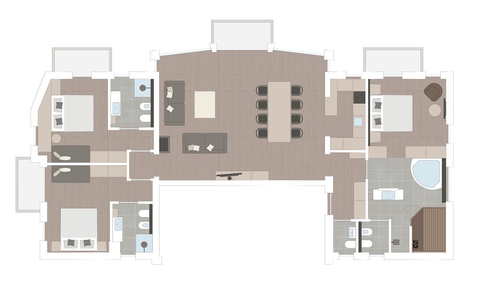 Room layout in one of the apartments with three separate bedrooms, two small bathrooms and one large bathroom with its own sauna and bathtub, plus a large living and dining area and four balconies
