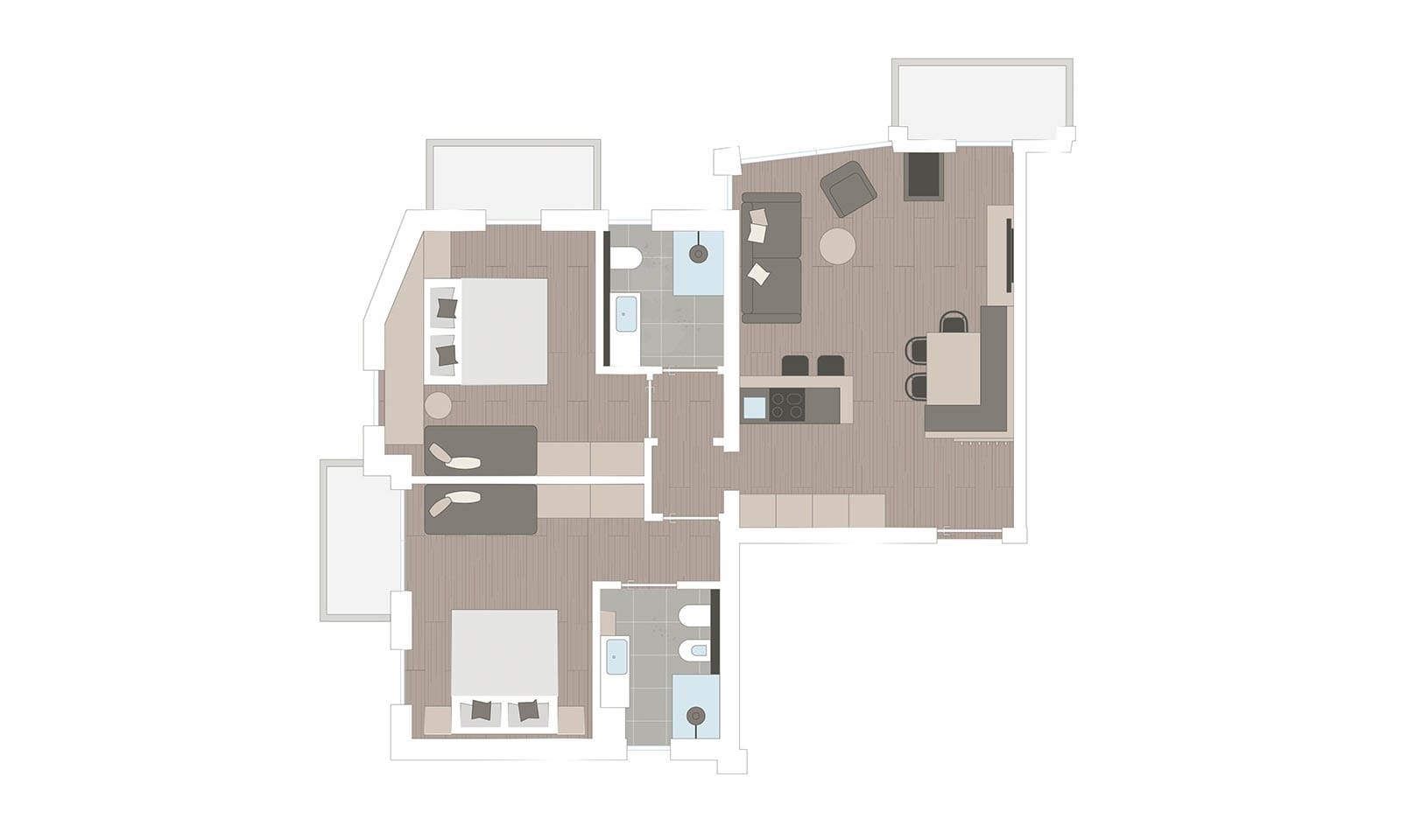 Zimmeraufteilung mit zwei separaten Schlafzimmern, zwei Badezimmern neben den Schlafzimmern und einem großen Wohn- und Essbereich mit moderner Küchenzeile und drei Balkone