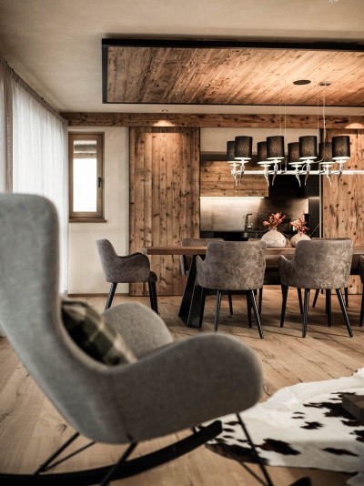 La Monte Luxury Apartments - Designer living and dining area with cowhide